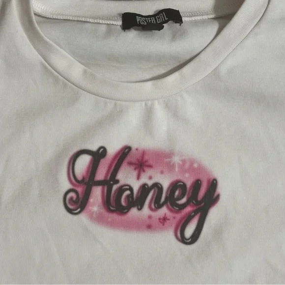 Poster Girl White Baby Tee Size XL Glitter Festival Y2K Soft Girl - Picture 2 of 7